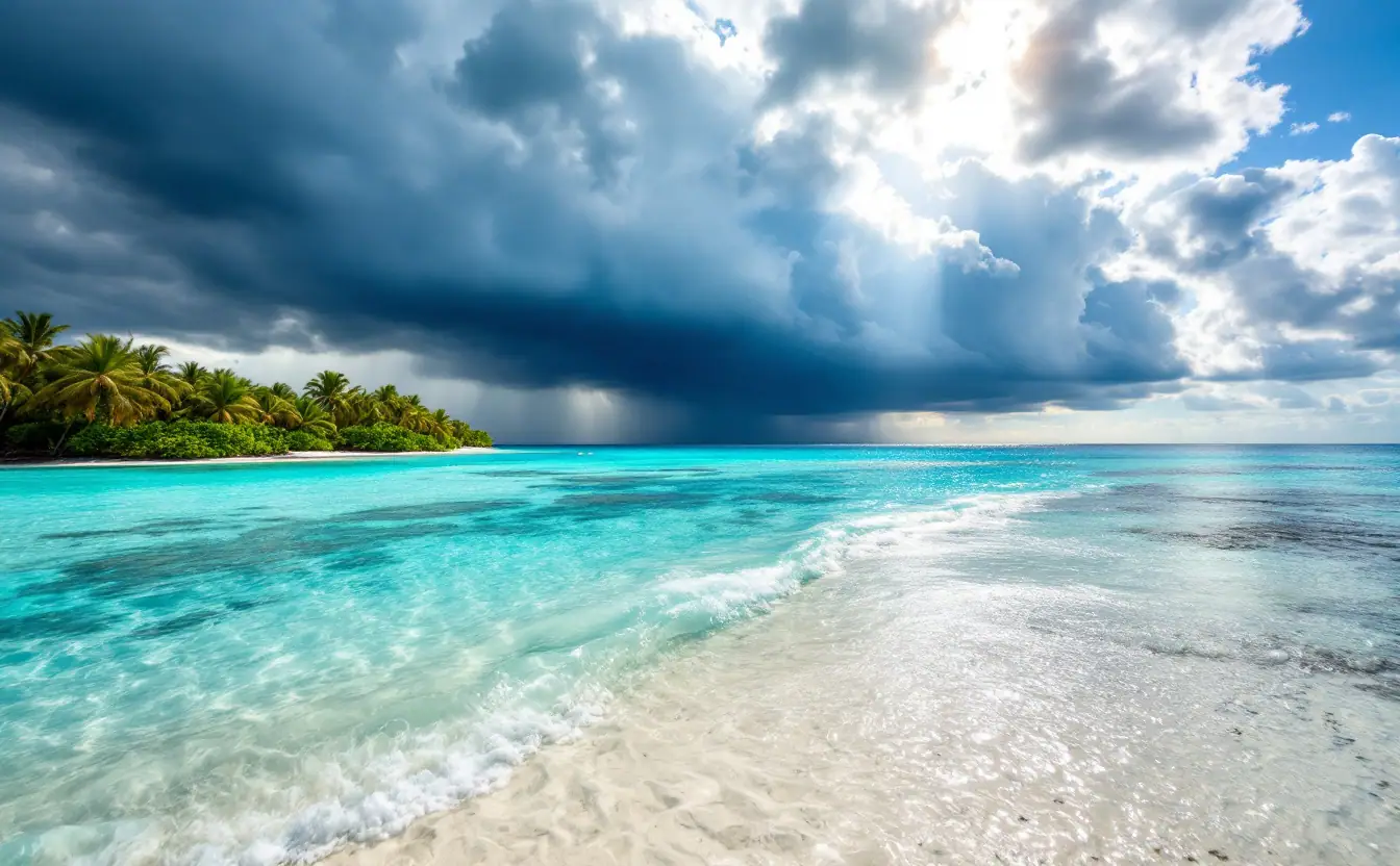 Turquoise shallows off a quiet Bahamian cay, with a dark rain squall trailing over deep blue water beyond