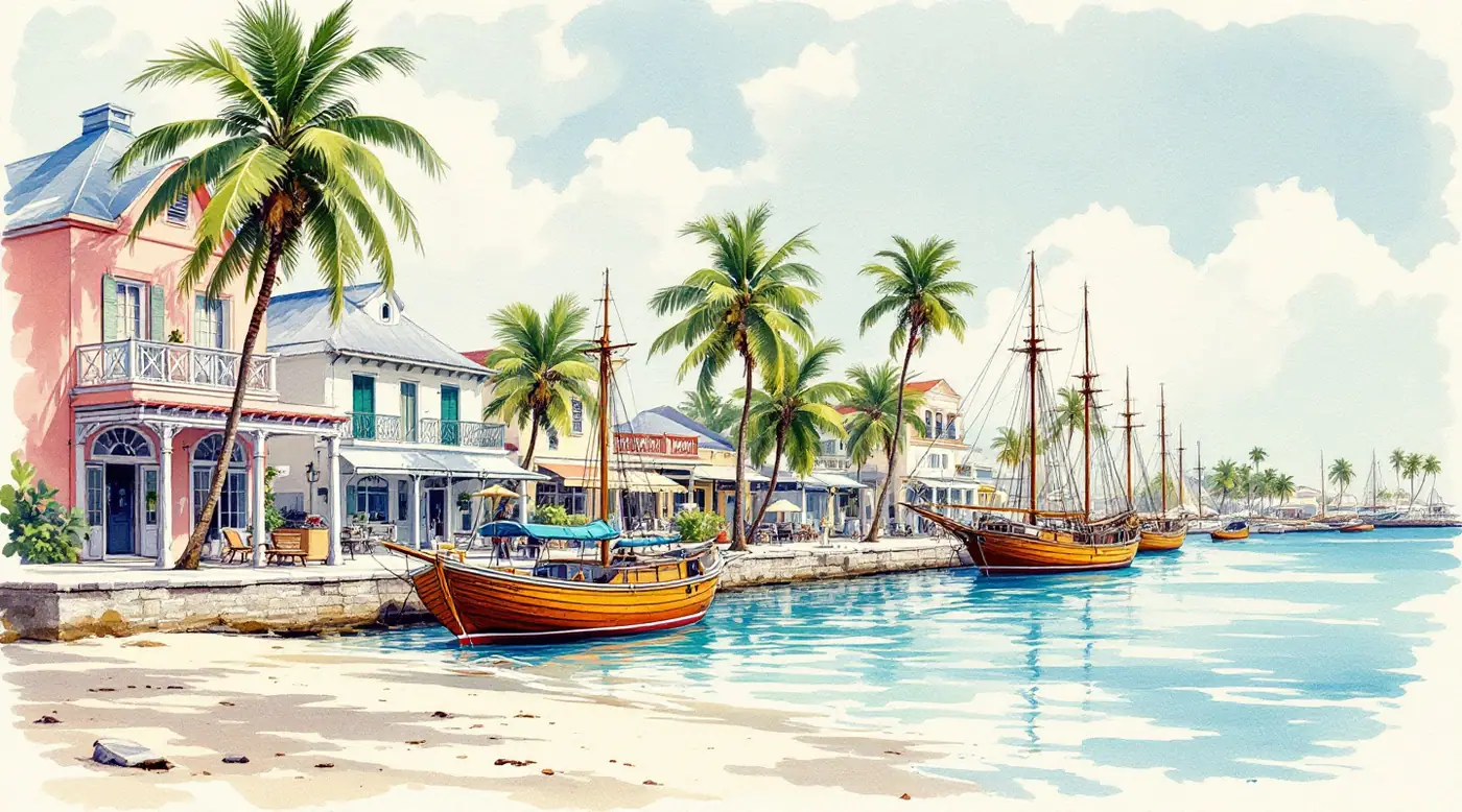 Watercolour sketch of a pastel waterfront with sailboats at anchor and casuarina trees